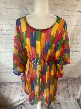 Pacific Glory Free Size Multicolor Brushstroke Sheer Waist-Tie Beach cover up.